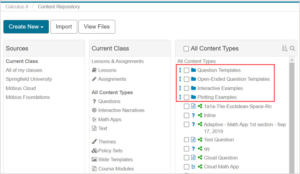 Content appears under All Content Types pane for Current Class source in the Content Repository.